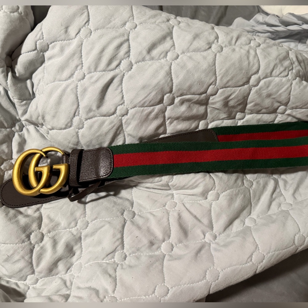 Gucci Green and Red Webbing Belt with Gold Double G Buckle